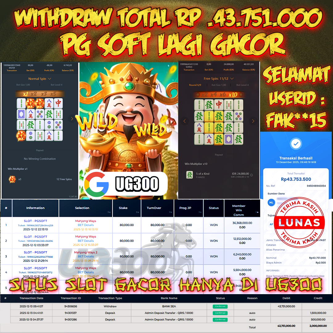 UG300 BERMAIN DI MAHJONG WAYS MEGA JACKPOT  Rp.43,751,000- DI BAYAR TUNTAS